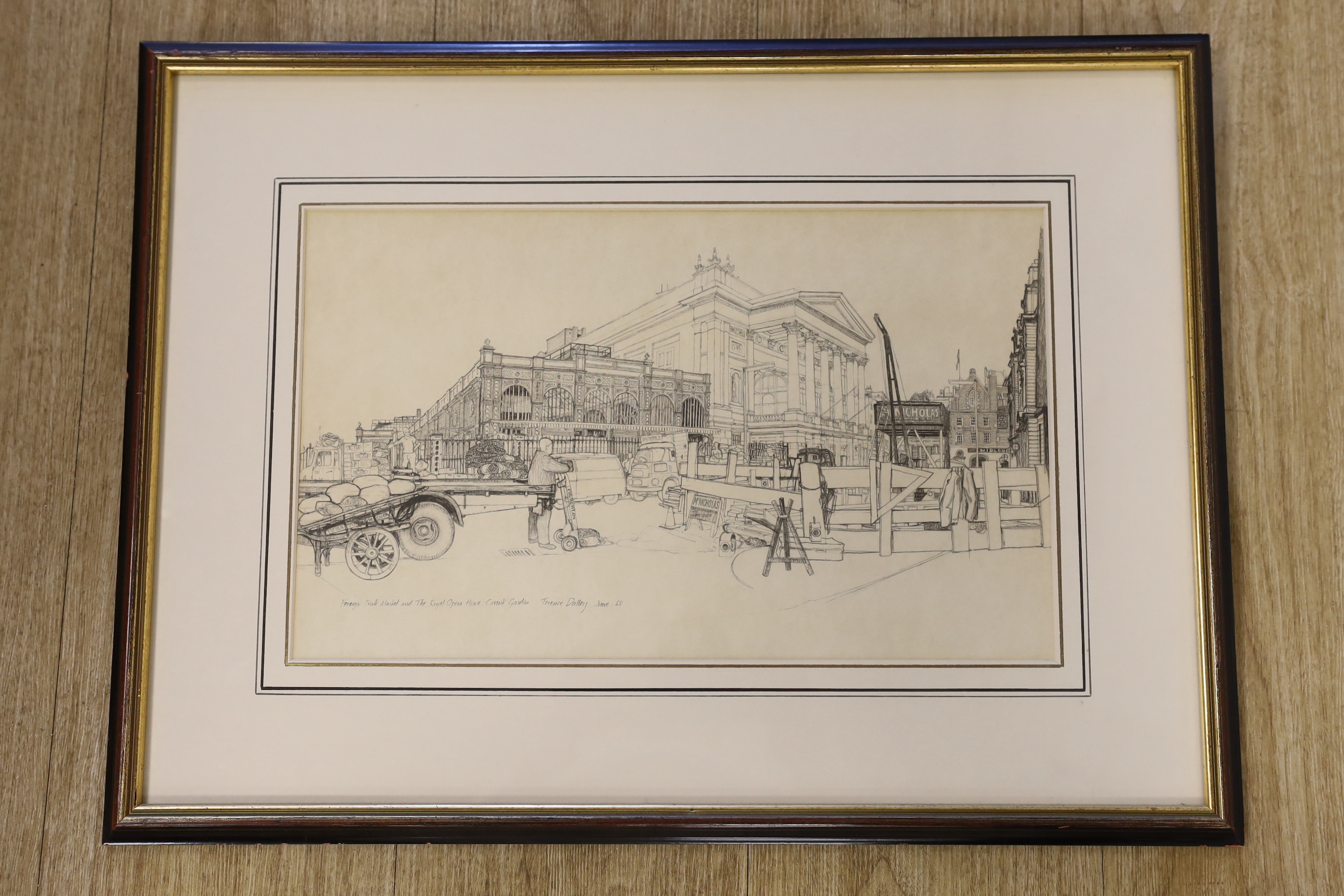 Terence Dalley (1935-), monochrome print, Foreign fruit market and The Royal Opera House, Covent Garden, signed and dated June '68, 24 x 39cm